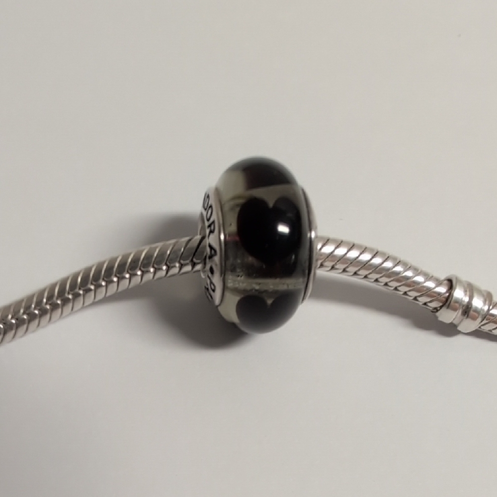 Pandora Black Heart Murano Glass Charm Bead on Silver Core